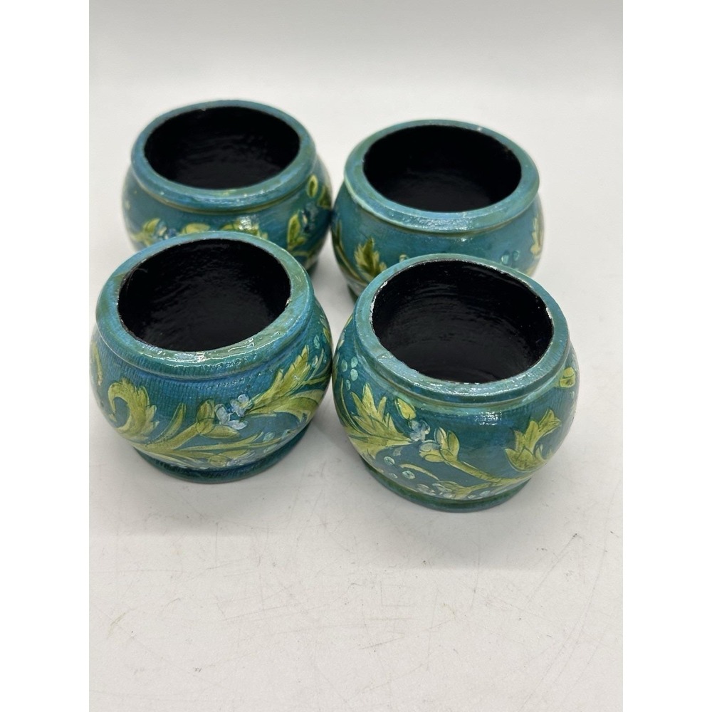 Set of 4 Hand Painted Wood Napkin Rings Blue Green Floral Folk Art Decor
